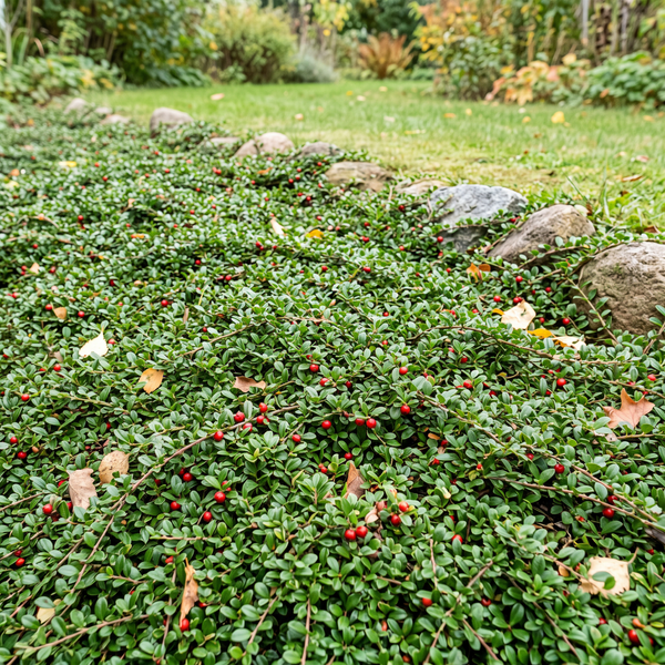 Teppich-Zwergmispel 'Queen of Carpets' als flacher, immergrüner Bodendecker mit roten Beeren im Gartenbeet – KI-generierte Beispielabbildung