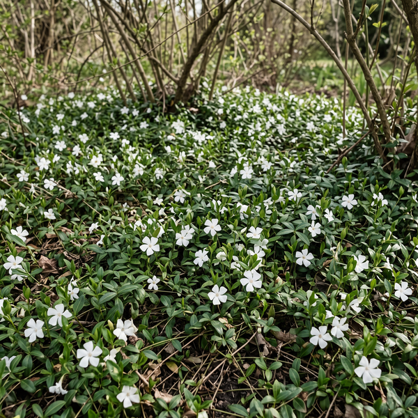 Weißes Immergrün 'Alba' als dichter, immergrüner Bodendecker mit weißen Sternblüten unter Gehölzen – KI-generierte Beispielabbildung
