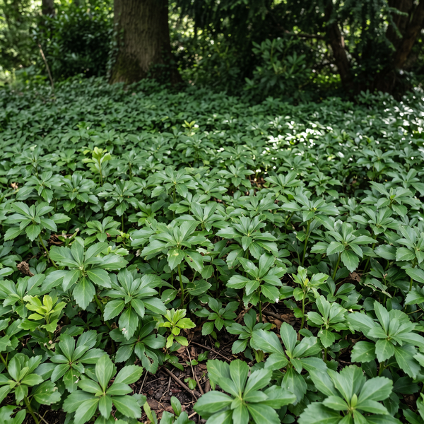 Ysander (Pachysandra) als dichter, immergrüner Bodendecker im Schatten unter Gehölzen – KI-generierte Beispielabbildung