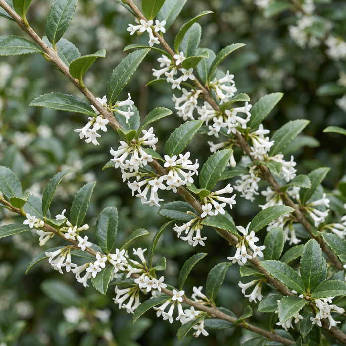 Gros plan sur un osmanthe de Burkwood (Osmanthus × burkwoodii) : petites fleurs blanches et feuillage coriace – illustration générée par IA