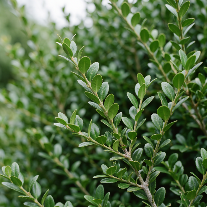 Gros plan sur le houx japonais 'Green Hedge' (Ilex crenata 'Green Hedge') : feuilles et pousses – illustration générée par IA
