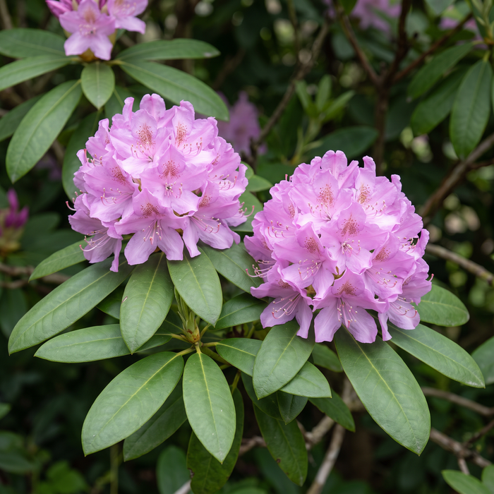 Gros plan sur un Rhododendron 'Roseum Elegans' (Rhododendron (hybride de Catawbiense) 'Roseum Elegans') : inflorescence – illustration générée par IA