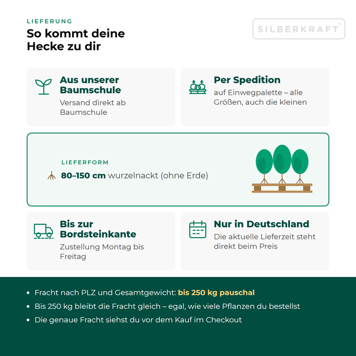 Livraison merisier : depuis notre pépinière par transporteur sur palette perdue jusqu'au trottoir, uniquement en Allemagne, forfait de transport jusqu'à 250 kg