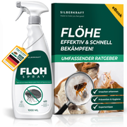 Floh Spray für Haustiere – Produktflasche mit Katze und Hund, Hinweis auf schnelle und effektive Flohbekämpfung