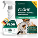 Floh Spray für Haustiere – Produktflasche mit Katze und Hund, Hinweis auf schnelle und effektive Flohbekämpfung