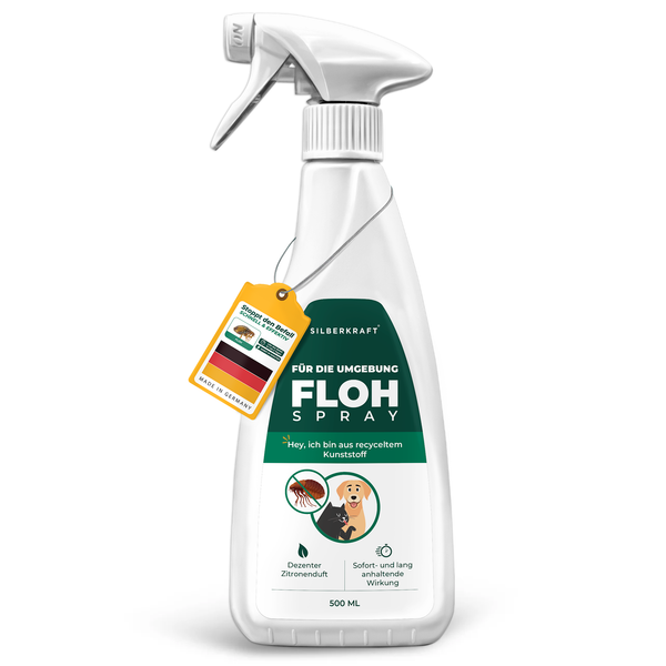 Spray anti-puces Silberkraft pour l'environnement - Spray anti-puces efficace au subtil parfum de citron, effet immédiat et longue durée. Emballage durable fabriqué à partir de plastique recyclé. Fabriqué en Allemagne. Parfait pour les propriétaires d'animaux pour lutter contre les puces dans la région.