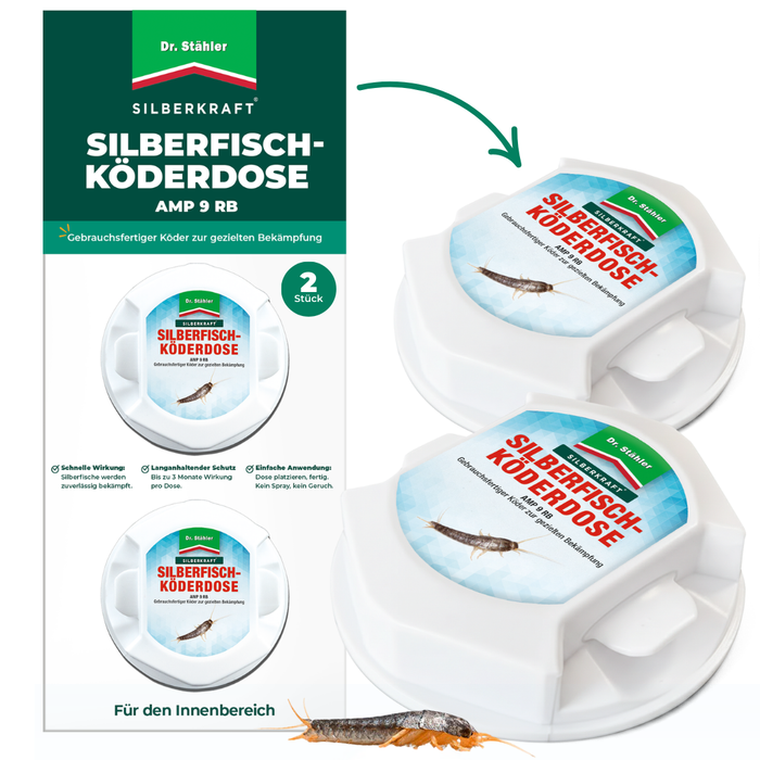 Dr. Stähler Silberkraft Silberfisch-Köderdose AMP 9 RB – gebrauchsfertiger Köder zur gezielten Bekämpfung von Silberfischen, 2 Stück pro Packung, mit schneller und langanhaltender Wirkung