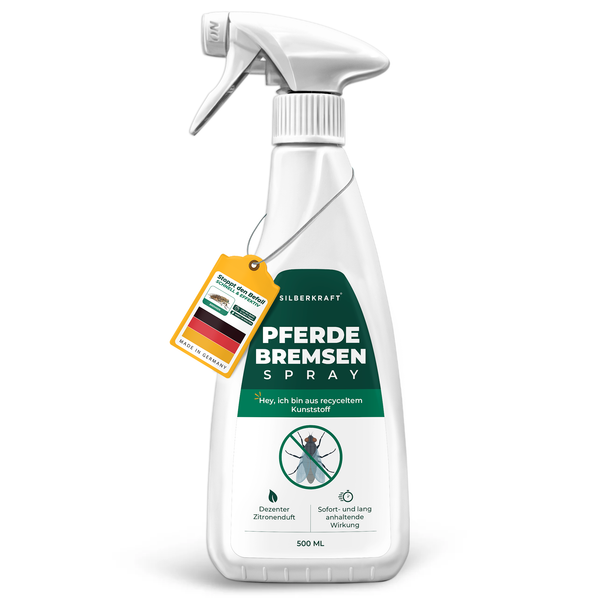 Spray pour freins Silberkraft dans un flacon pulvérisateur blanc avec une étiquette verte qui montre un symbole de cheval et l'inscription « spray pour freins ».