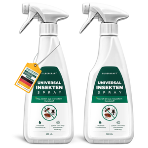 Doppelpack des Silberkraft Universal Insektensprays mit sofortiger und langanhaltender Wirkung. Effektiv gegen fliegende und kriechende Insekten, mit dezentem Zitronenduft. Hergestellt in Deutschland aus recyceltem Kunststoff für nachhaltigen Insektenschutz.