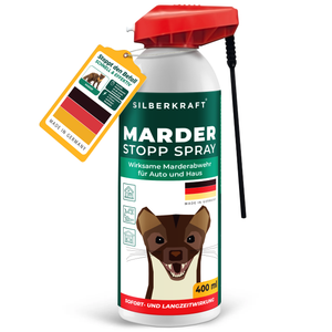 Produktbild für das Marder Stopp Spray. Auf dem Etikett steht, dass das Spray hergestellt in Deutschland wird und Marderbefall im Auto und Haus abwehren kann.