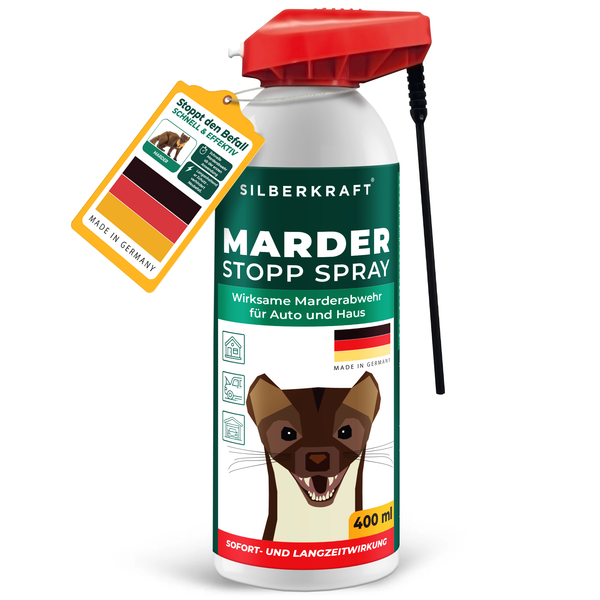 Image du produit pour le spray anti-martres. L'étiquette indique que le spray est fabriqué en Allemagne et peut repousser les infestations de martres dans les voitures et les maisons.