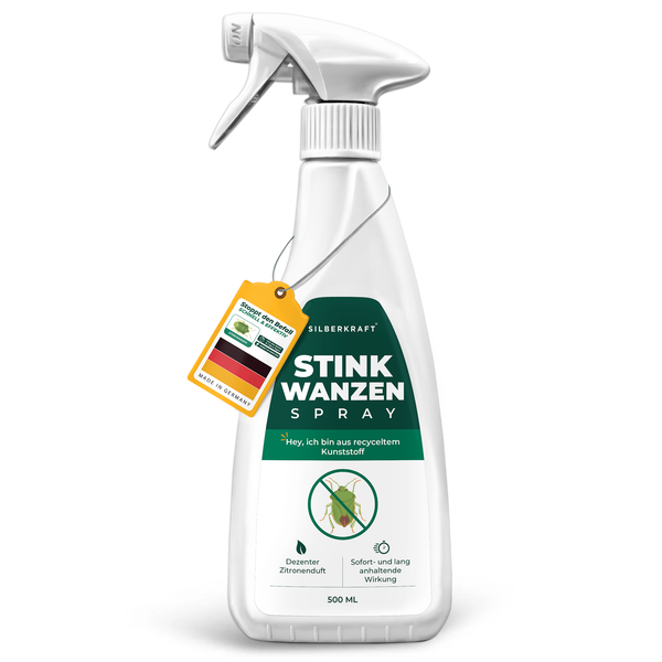 Spray anti-punaises puantes Silberkraft dans un flacon pulvérisateur blanc avec une étiquette verte et un symbole d'insecte indiquant « spray anti-punaises puantes ».