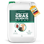 Silberkraft Grass Mites EX Spray dans un bidon blanc avec une étiquette verte et un symbole de chien et de chat, étiqueté « Grass Mites EX Spray ».