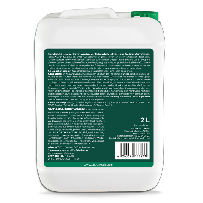Silberkraft Grasmilben EX Spray in verschiedenen Verpackungsgrößen mit Rückseite für weitere Informationen