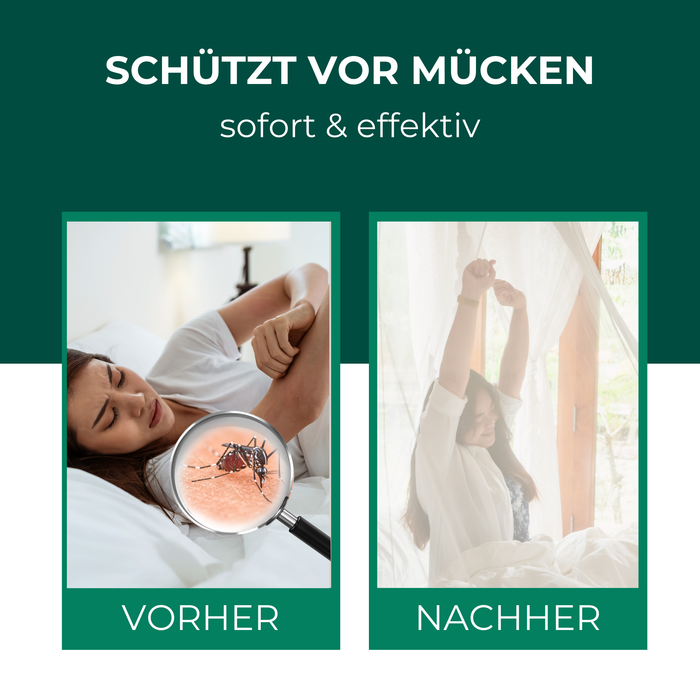 Vorher-Nachhereffekt des Moskitonetzes. Zuerst sind Mücken auf der Haut einer jungen Frau und verursachen Juckreiz. Mit einem Netz fühlt sie sich wohl.