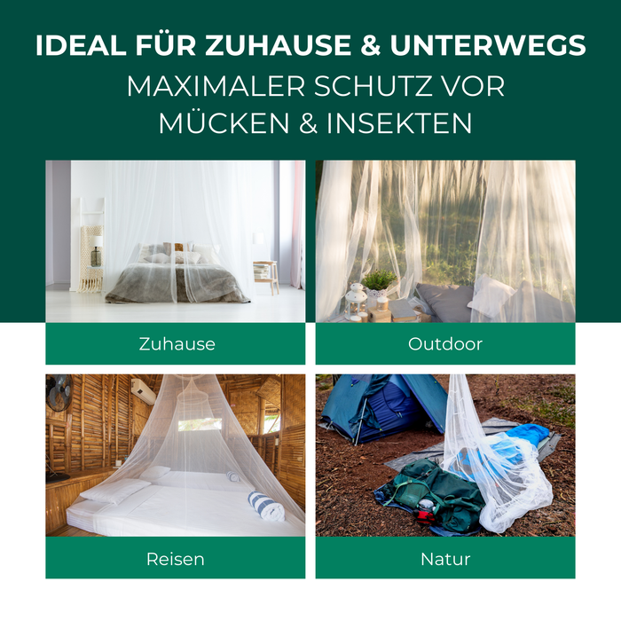 Moskitonetz für Zuhause & Unterwegs – Einsatzbereiche für Mückenschutz im Schlafzimmer, auf Reisen, beim Camping oder in der Natur.