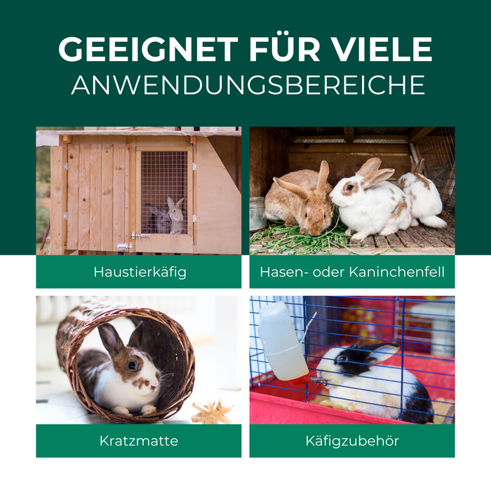 Geeignet für viele Anwendungsbereiche: Vier Bilder zeigen Einsatzmöglichkeiten eines Milbensprays für Kleintiere. Oben links: Haustierkäfig aus Holz mit Kaninchen. Oben rechts: Zwei Kaninchen in einem Stall auf Heu. Unten links: Kaninchen in einer Kratzmatte. Unten rechts: Kaninchen in einem Gitterkäfig mit Wasserflasche. Text hebt Vielseitigkeit des Produkts hervor.