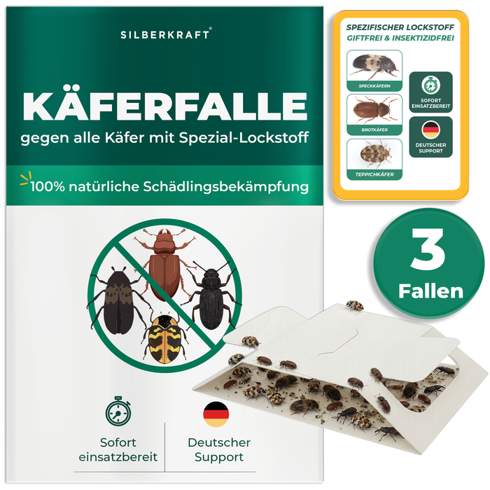 Silberkraft 3xKäferfalle mit Spezial-Lockstoff – Klebefalle gegen Käfer, biozidfrei, insektizidfrei und sofort einsatzbereit