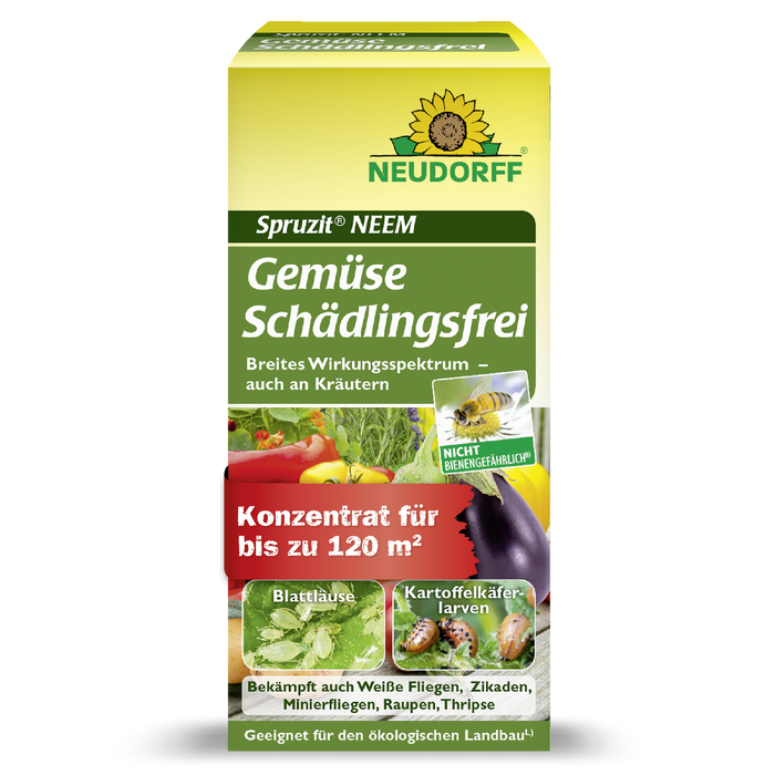 Neudorff Spruzit NEEM GemüseSchädlingsfrei gegen Blattläuse, Kartoffelkäferlarven, Weiße Fliege, Zikaden, Minierfliegen, Raupen, Thripse - Silberkraft