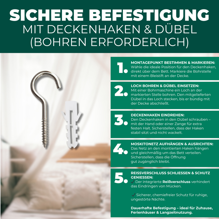 Text erklärt die richtige Befestigung für das Silberkraft Moskitonetz. Ein Wandhaken und Dübel sind mitgeliefert.