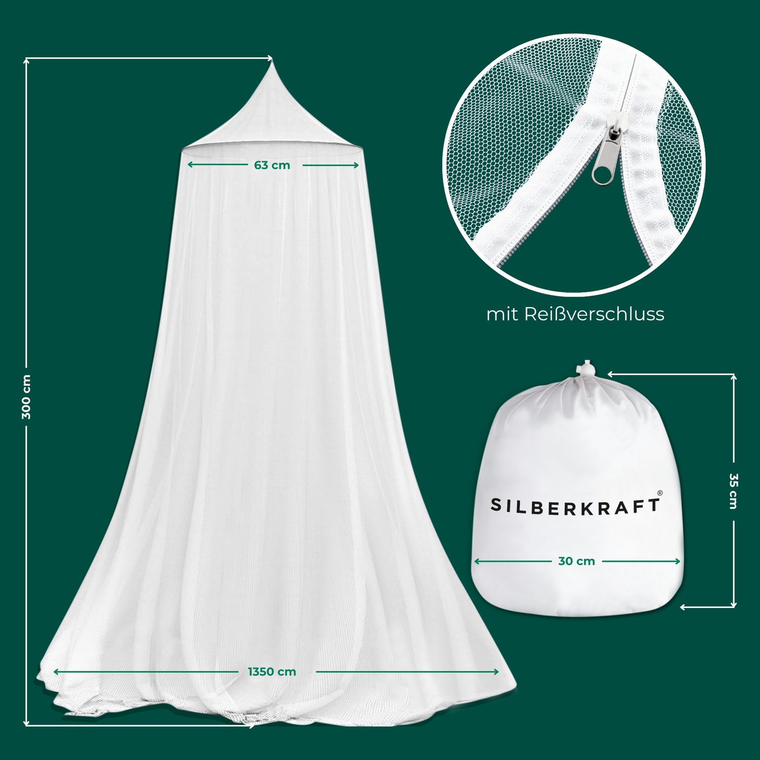 Das Mückennetz ist bis zu drei Meter hoch. Das aufgepannte Netz und der Verspackungssack sind mit konkreten Maßen versehen. Das Netz hat einen Reißverschluss.
