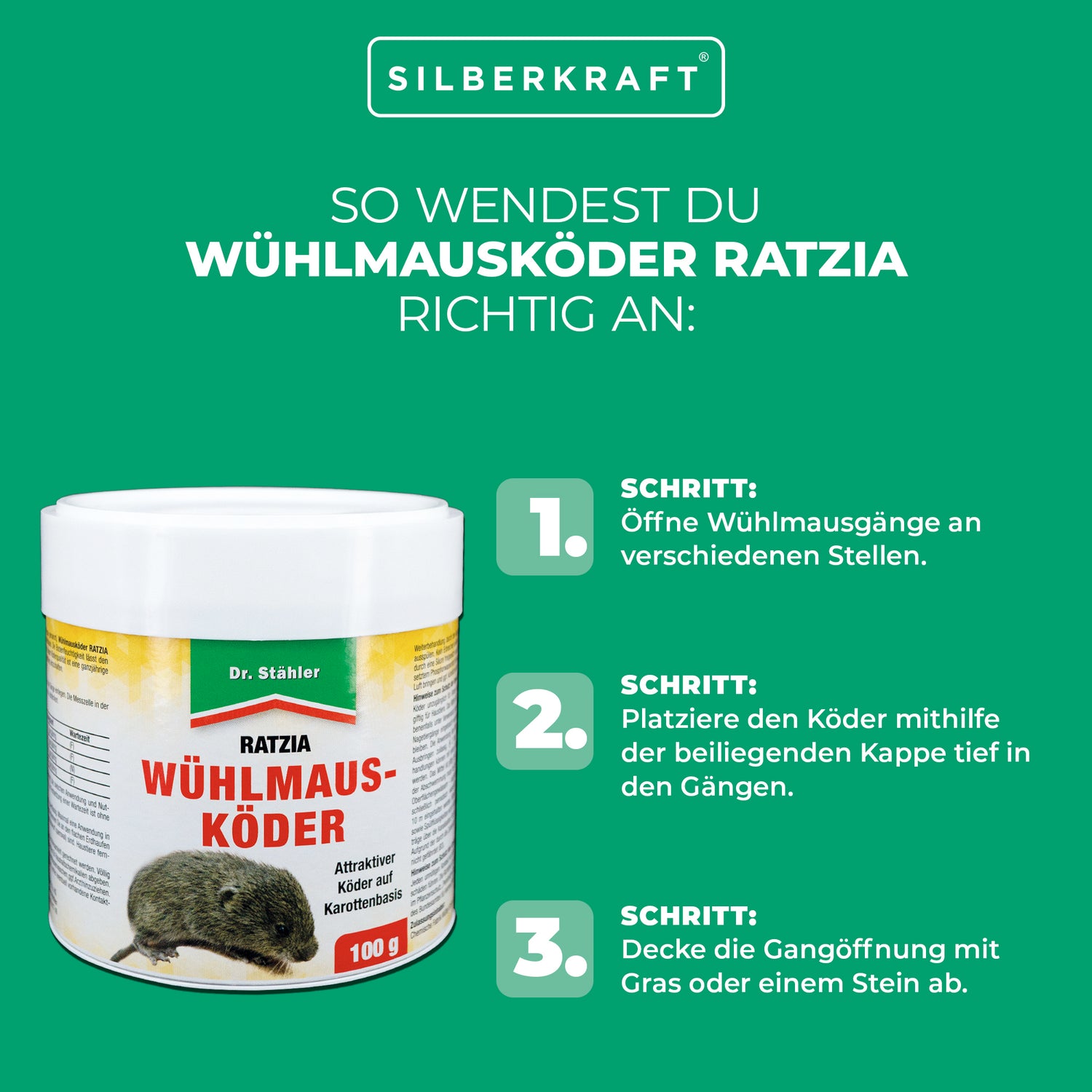 Wühlmausköder Ratzia: Effektiver Wühlmausköder auf Karottenbasis - Silberkraft