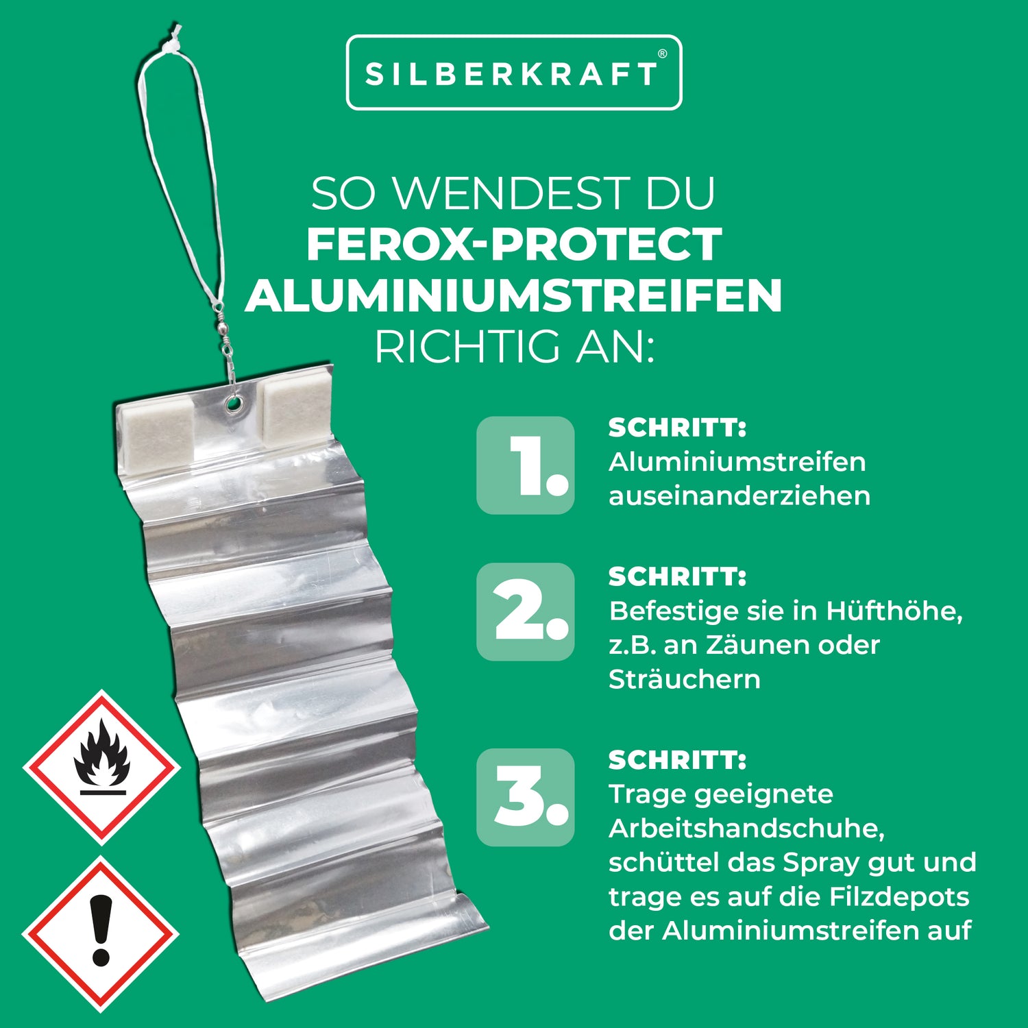 Ferox-Protect Aluminiumstreifen mit Filzdepots - als Trägermaterial für das Wildschweinabweiser Spray - Silberkraft