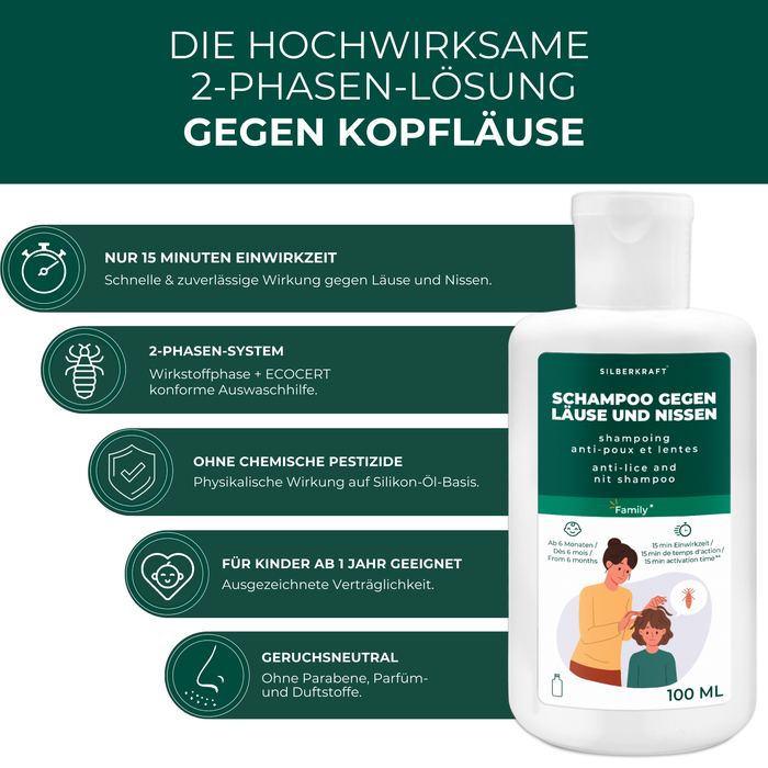 Kopfläuse-Shampoo - Läuseshampoo für Kinder & Erwachsene inkl. Nissenkamm Läuse Shampoo - Silberkraft