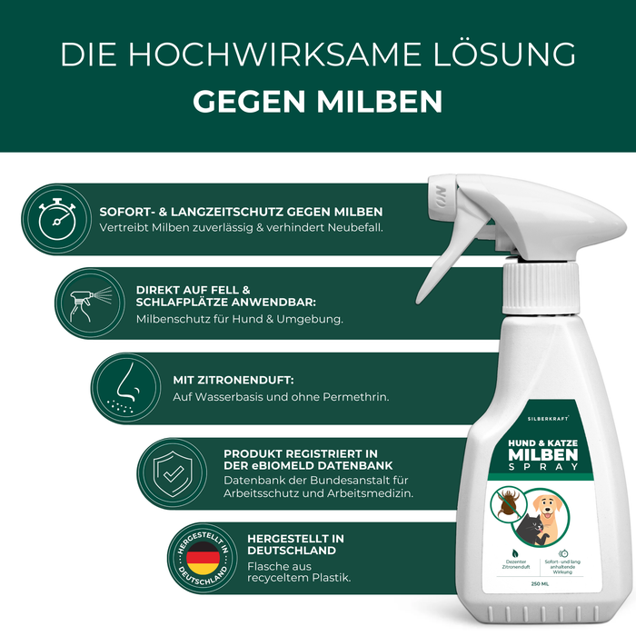 Die hochwirksame Lösung gegen Milben: Ein Milbenspray für Hunde und Katzen mit Sofort- und Langzeitschutz. Direkt auf Fell und Schlafplätze anwendbar. Enthält Zitronenduft, ist auf Wasserbasis und frei von Permethrin. Registriert in der eBioMeld-Datenbank der Bundesanstalt für Arbeitsschutz und Arbeitsmedizin. Hergestellt in Deutschland mit recycelter Plastikflasche.