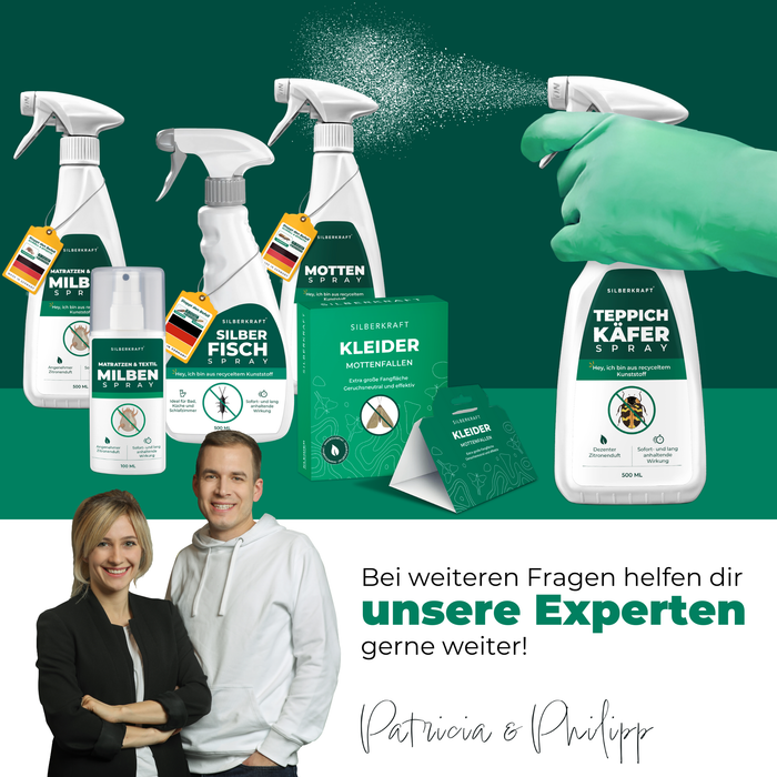 Verschiedene Silberkraft-Produkte, darunter Teppichkäferspray, Milbenspray und Mottenfallen, mit den Experten Patricia und Philipp, die für Fragen zur Verfügung stehen.