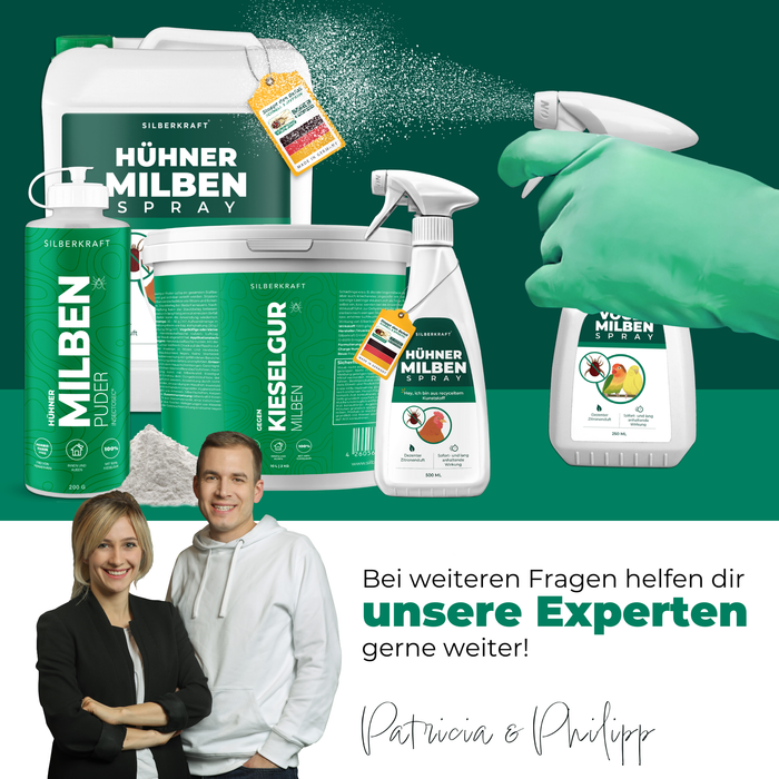 Silberkraft Milbenprodukte für Hühner und Ziervögel: Sortiment bestehend aus Hühner Milben Spray, Milben Puder und Kieselgur zur effektiven Milbenabwehr. Eine Hand mit grünem Handschuh sprüht ein Milbenspray. Unten: Patricia und Philipp als Experten für Kundenberatung mit dem Text 'Bei weiteren Fragen helfen dir unsere Experten gerne weiter!