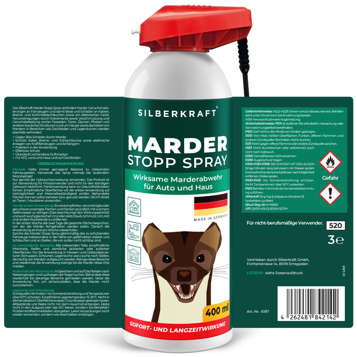 Rückseite des Sprays mit weiteren Informationen zu den Wirkstoffen, Anwendung und Sicherheitshinweisen.