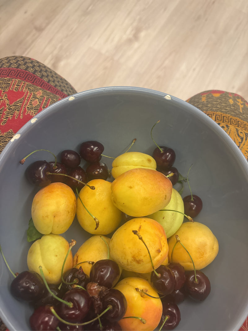 Plusieurs abricots mûrs et des cerises foncées reposent ensemble dans un bol bleu. Les fruits sont bien visibles.