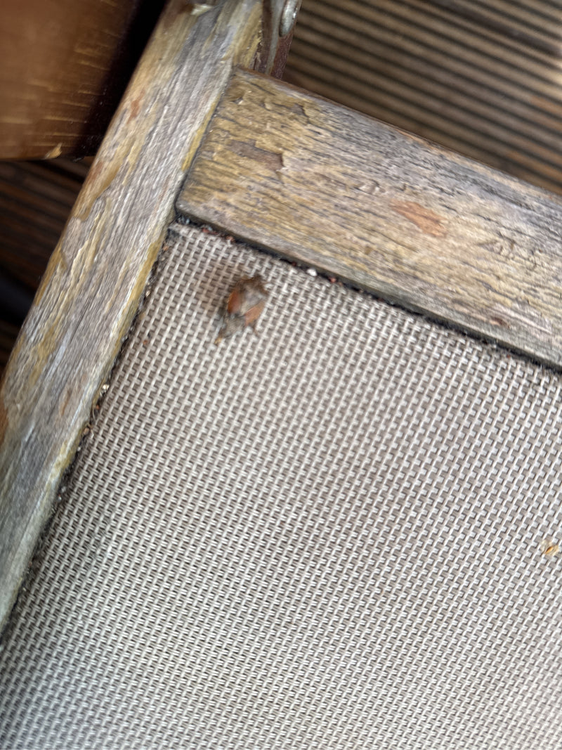 Une petite punaise des bois est assise sur le tissu d'une chaise. Le sujet est très petit et peu net.