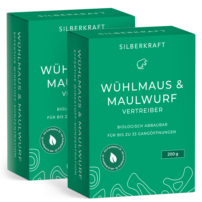 2 Packungen Silberkraft Wühlmaus & Maulwurf Vertreiber – Biologisch abbaubarer Maulwurfabwehr für bis zu 33 Gangöffnungen, mit Eukalyptusöl, 200 g Packung. Effektive Vertreibung von Wühlmäusen und Maulwürfen.