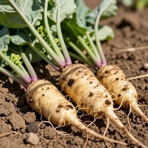 Trois panais fraîchement récoltés avec leurs fanes reposent sur la terre.