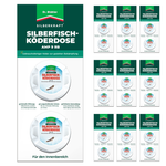 Boîte à appâts pour poissons d'argent Silberkraft AMP 9 RB du Dr Stähler - vue rapprochée de l'emballage avec de nombreuses vues détaillées des boîtes d'appâts blanches avec une étiquette bleue et un motif de poisson d'argent, appât sans odeur et sans pulvérisation contre les poissons d'argent pour une protection durable