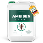 Spray anti-fourmis Silberkraft dans un bidon blanc avec une étiquette verte et un symbole de fourmi, étiqueté « Ant Spray ».