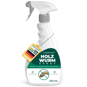 Vorderseitenetikett der Silberkraft Holzwurmspray 500 ml Flasche mit Holzwurm-Symbol, Made-in-Germany-Tag und eBook-Hinweis