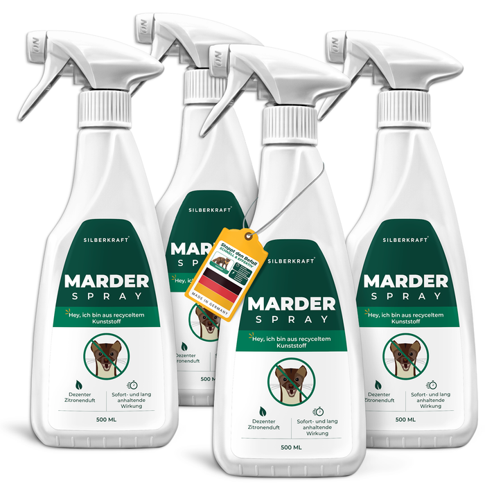 Spray anti-martres Silberkraft 500 ml en lot pratique de 4 – protection efficace contre les infestations de martres dans les véhicules et les bâtiments. Effet longue durée
