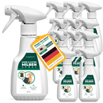 Douze flacons de spray anti-acariens pour chiens et chats Silberkraft avec étiquetage vert et blanc. Une étiquette avec l'inscription « Stop the infestation – Quick & Effective » et un drapeau allemand indique qu'il est fabriqué en Allemagne. Le spray offre une protection immédiate et à long terme contre les acariens et est sûr à utiliser.