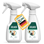 Deux flacons de spray anti-acariens pour chiens et chats Silberkraft avec étiquetage vert et blanc. Une étiquette avec l'inscription « Stop the infestation – Quick & Effective » et un drapeau allemand indique qu'il est fabriqué en Allemagne. Le spray offre une protection immédiate et à long terme contre les acariens et est sûr à utiliser.