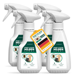 Quatre flacons de spray anti-acariens pour chiens et chats Silberkraft avec étiquetage vert et blanc. Une étiquette avec l'inscription « Stop the infestation – Quick & Effective » et un drapeau allemand indique qu'il est fabriqué en Allemagne. Le spray offre une protection immédiate et à long terme contre les acariens et est sûr à utiliser.