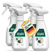 Vier Flaschen Silberkraft Hund & Katze Milbenspray mit grün-weißer Etikettierung. Ein Anhänger mit der Aufschrift „Stoppt den Befall – Schnell & Effektiv“ sowie einer Deutschlandflagge weist auf die Herstellung in Deutschland hin. Das Spray bietet Sofort- und Langzeitschutz gegen Milben und ist sicher in der Anwendung.