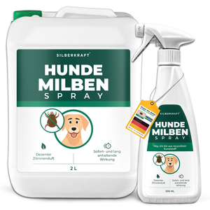Silberkraft Hunde Milbenspray –2,5 Liter Kanister mit Sprayflasche zur Milbenabwehr für Hunde, mit Zitronenduft und langanhaltender Wirkung. Hergestellt in Deutschland, Flasche aus recyceltem Kunststoff.