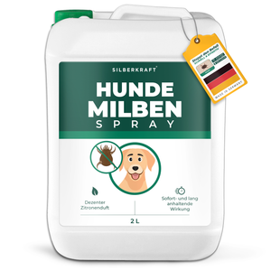 Silberkraft Hunde Milbenspray –2 Liter Sprayflasche zur Milbenabwehr für Hunde, mit Zitronenduft und langanhaltender Wirkung. Hergestellt in Deutschland, Flasche aus recyceltem Kunststoff.