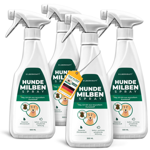 Silberkraft Hunde Milbenspray –4 x  500 ml Sprayflasche zur Milbenabwehr für Hunde, mit Zitronenduft und langanhaltender Wirkung. Hergestellt in Deutschland, Flasche aus recyceltem Kunststoff.