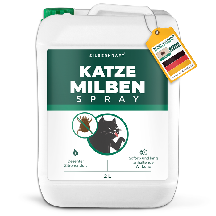 Spray anti-acariens Silberkraft dans un bidon blanc avec une étiquette verte qui montre un chat et des acariens et sur laquelle sont écrits les mots « spray anti-acariens ».
