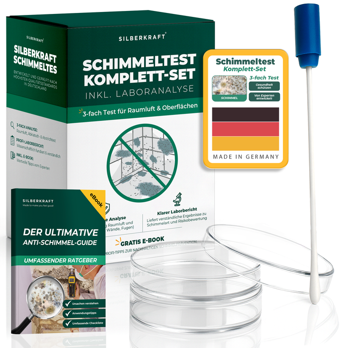 Schimmeltest Komplett-Set inkl. Laboranalyse | 3-fach Test für Raumluft & Oberflächen - Silberkraft
