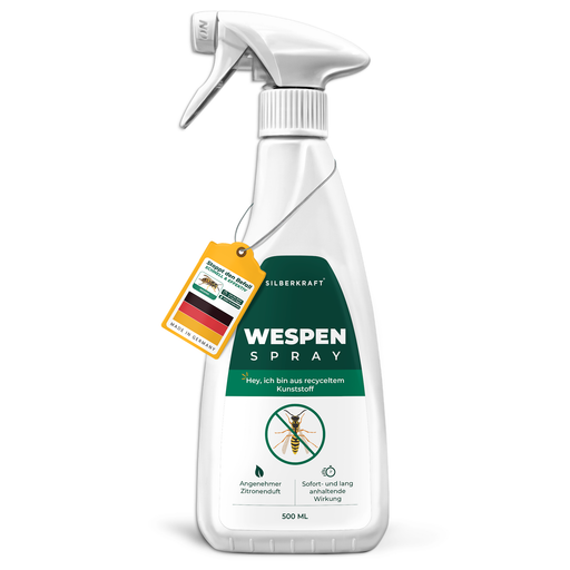 Silberkraft Wespenspray 500 ml – Vorderseite der Sprühflasche aus recyceltem Kunststoff mit sofortiger und langanhaltender Wirkung gegen Wespen.